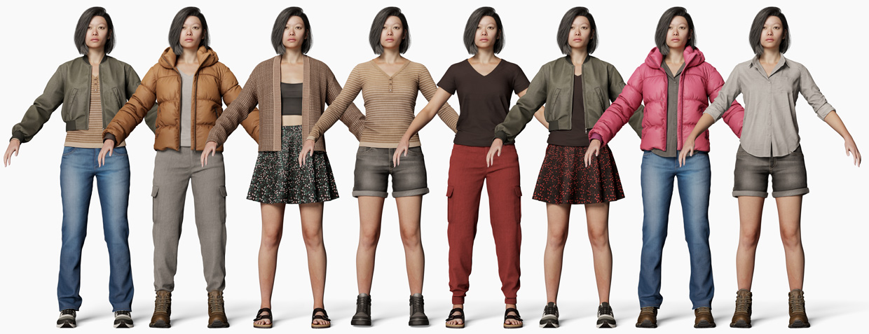 Lineup of female 3D clothing pack showcasing multiple garments for realistic character creation